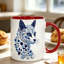 Single Elegant Blue Floral Cat Ceramic Coffee Mug - Fine Porcelain Tea Cup Featuring Cat Face & Paws Design, Ideal Gift for Cat Enthusiasts.