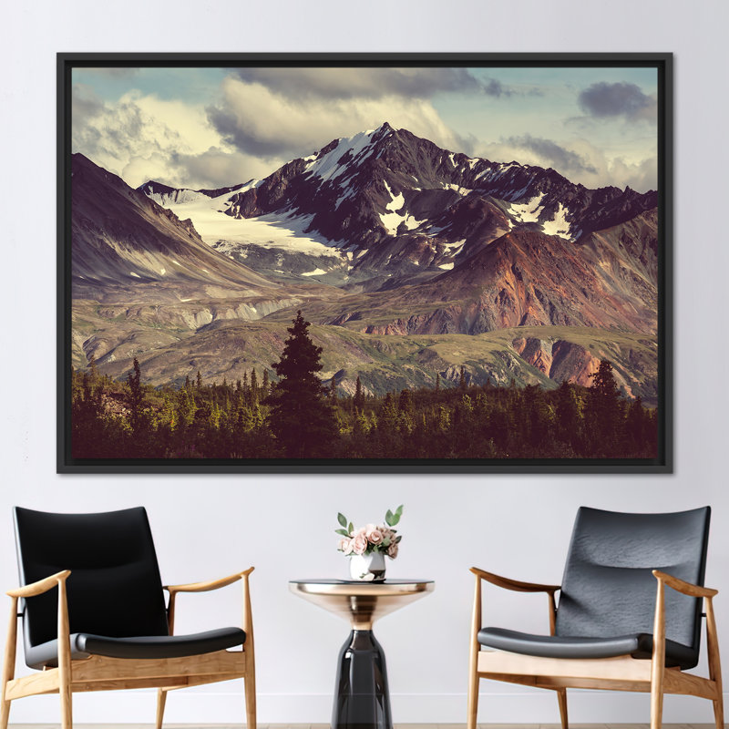 Winter Snowy Mountain Landscape Wall Art - Nature Inspired Decorative Canvas Print, 41" H x 94" W, Black