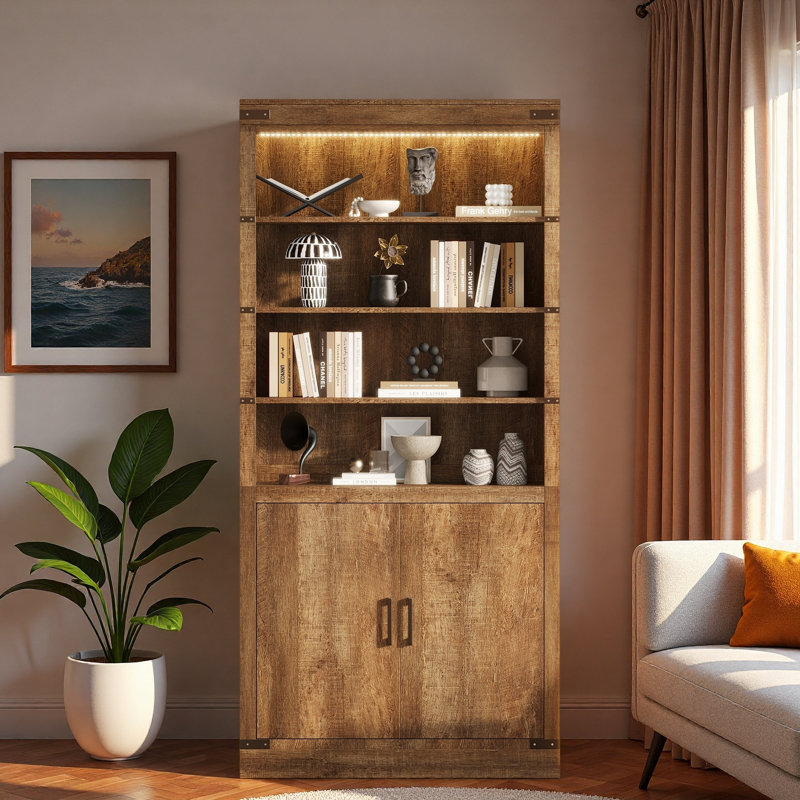 Bibliothèque moderne avec tablettes de rangement ouvertes, tablettes réglables à 3 niveaux, éclairage à DEL et armoire