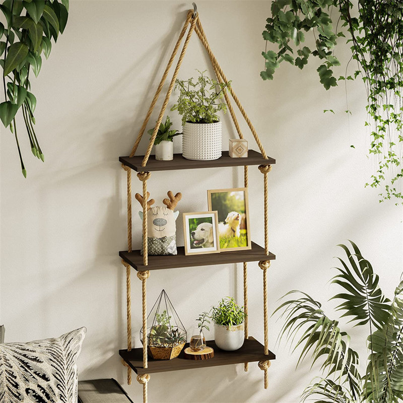 3 Tiers Rustic Wooden Floating Shelf Wall Hanging Rope Shelf Mounted Storage Unit