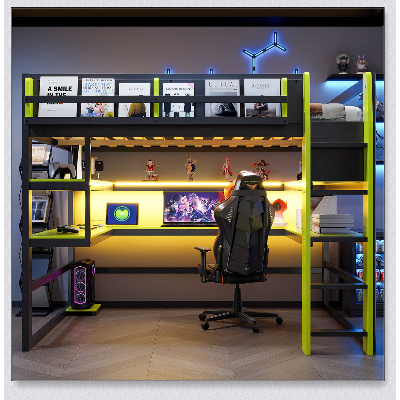 Wood Loft Bed With Desk,Side Storage Rack,Multi-Storage Shelves And RGB Light, Noir / Vert, Lit double