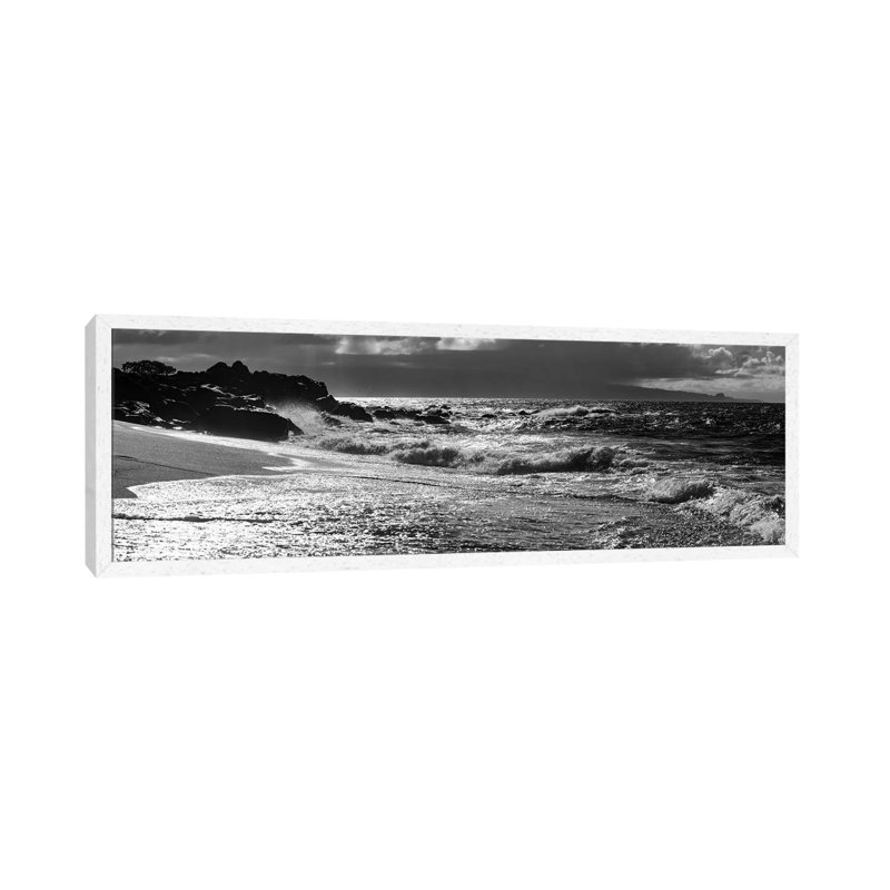 Black And White Landscape With Beach And Waves In Sea, Maui, Hawaii Islands, USA - Panoramic Print on Canvas