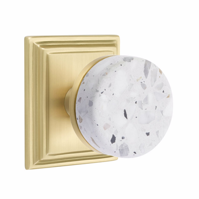 Ensemble de boutons de passage Emtek Select, rosette Wilshire, tige conique, bouton terrazzo clair, Dos plat