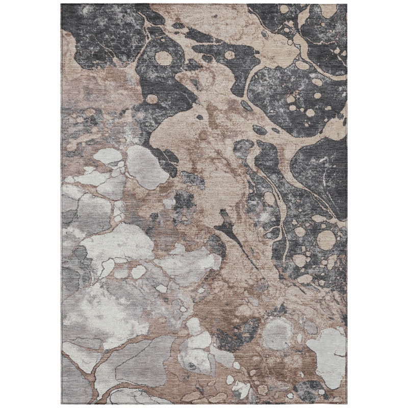 Machine Washable Indoor/Outdoor Xhevrie Mocha Rug, Rectangle 3' x 5'
