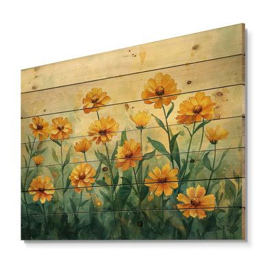 Été Zinnias pétales ensoleillés II - décoration murale en bois Zinnias - sur bois de pin naturel