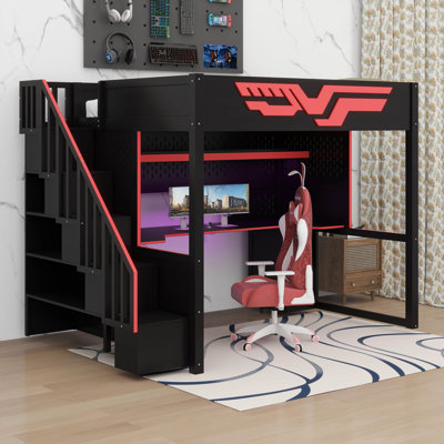 Lit mezzanine double avec bureau et escalier de rangement - Station de charge USB + lumières DEL