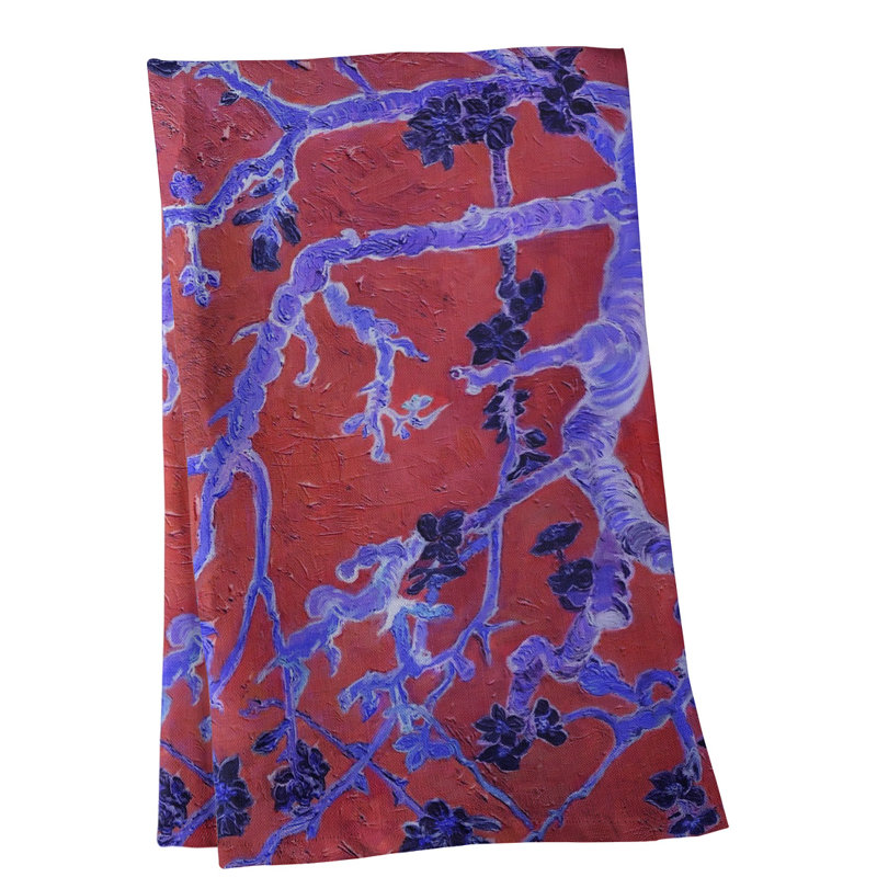 Serviette de thé en fleurs d’amande, Sergé de coton, Rouge / Bleu