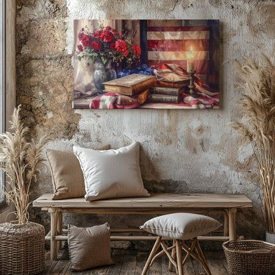 Patriotic Still Life Flag Books And Candlelight Americana Canvas Wall Art Ready To Hang Gallery Wrapped Home Decor Modern Design Decor