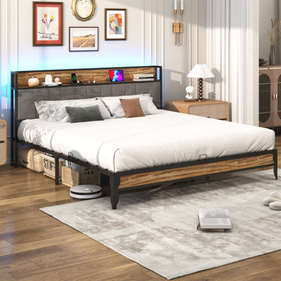 Upholstered Metal Platform Bed Frame With LED Light And Charging Station