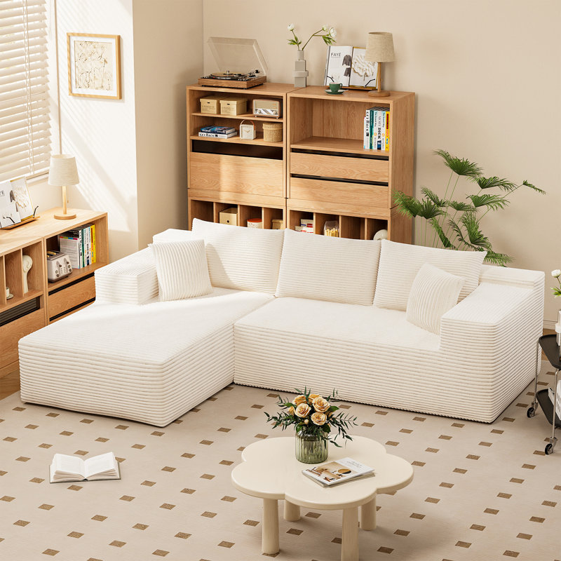 Boneless 108" L-Shaped Compression Sectional Couch with 3 Seats, Wide Modular Sofa for Living Room, Beige Chenille 