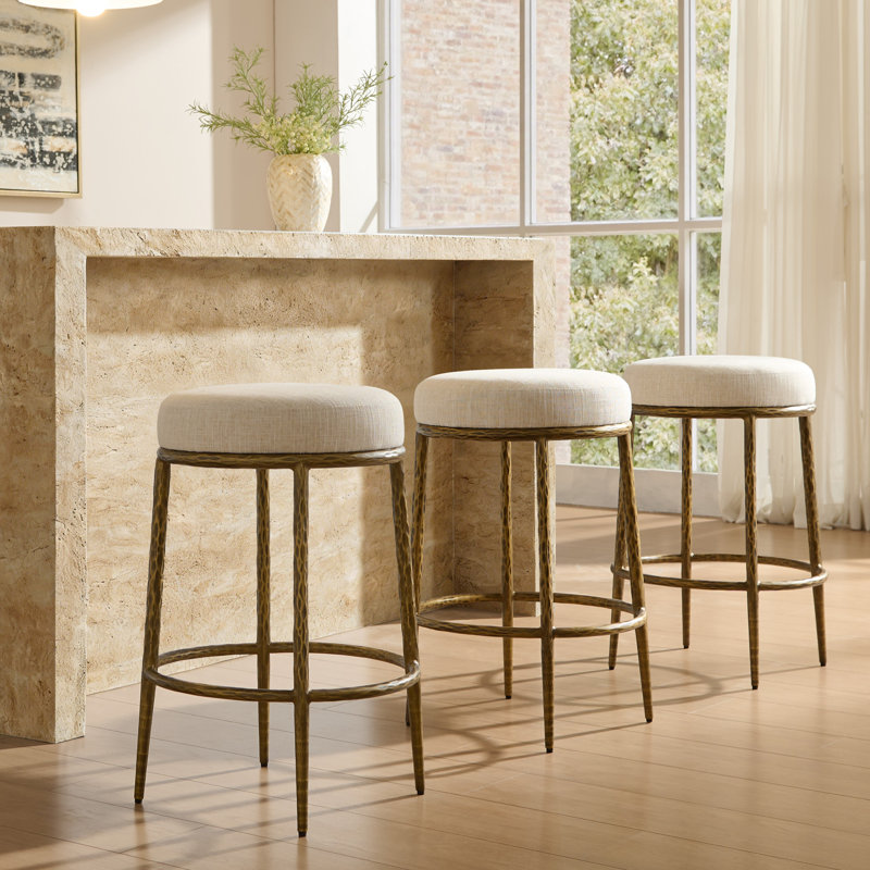 26.5" Modern Glam Backless Counter Height Bar Stool With Hand-Hammered Metal Legs And Linen-Blend Upholstered Seat, Set Of 3