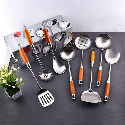 Ensemble d'ustensiles de cuisine 8 pièces en acier inoxydable avec poignées en bois, outils de cuisson ergonomiques, y compris louche à soupe et écumoire, durable et écologique
