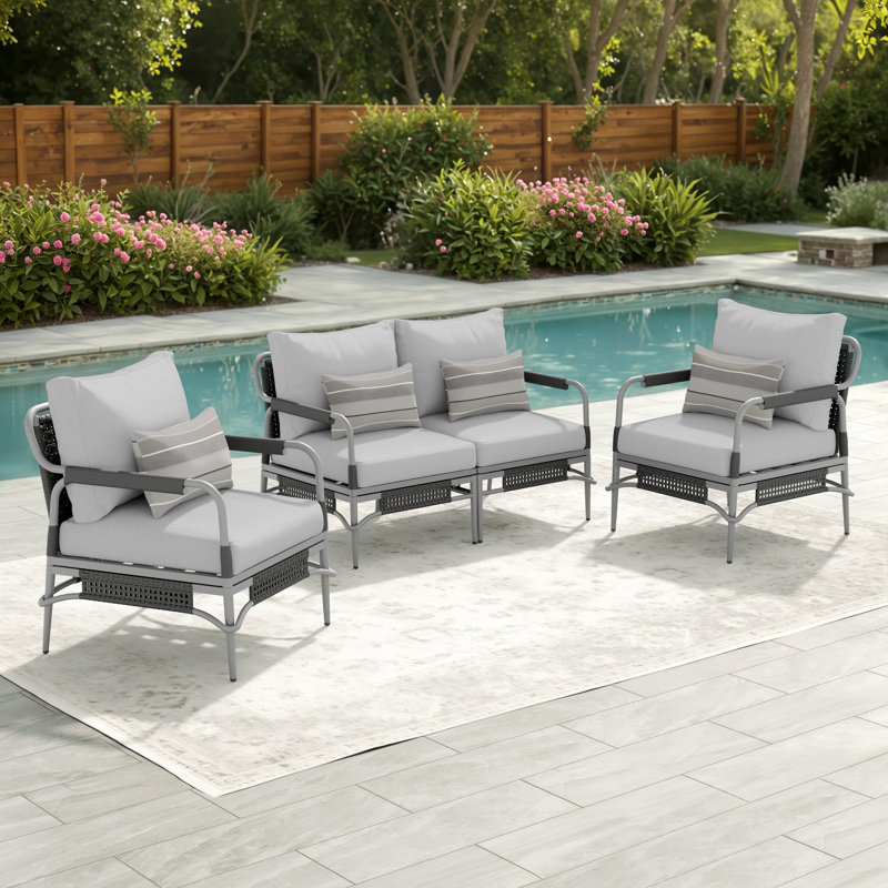 4 - Person Aluminum & Wicker Outdoor Sofa Seating Group With Cushions & Sunbrella Pillows, Light Gray, Polyester