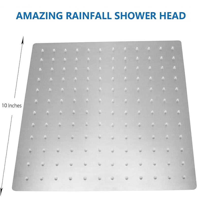 10" Square Stainless Steel Shower Head - Brushed Nickel Finish, Rainfall & High , , Adjustable Arm Wall Mount, Scaling- Nozzle Feature Scaling Nozzles