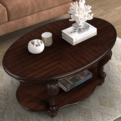 Table basse ovale en bois de 42 po pour le salon, table basse en bois massif à 2 niveaux