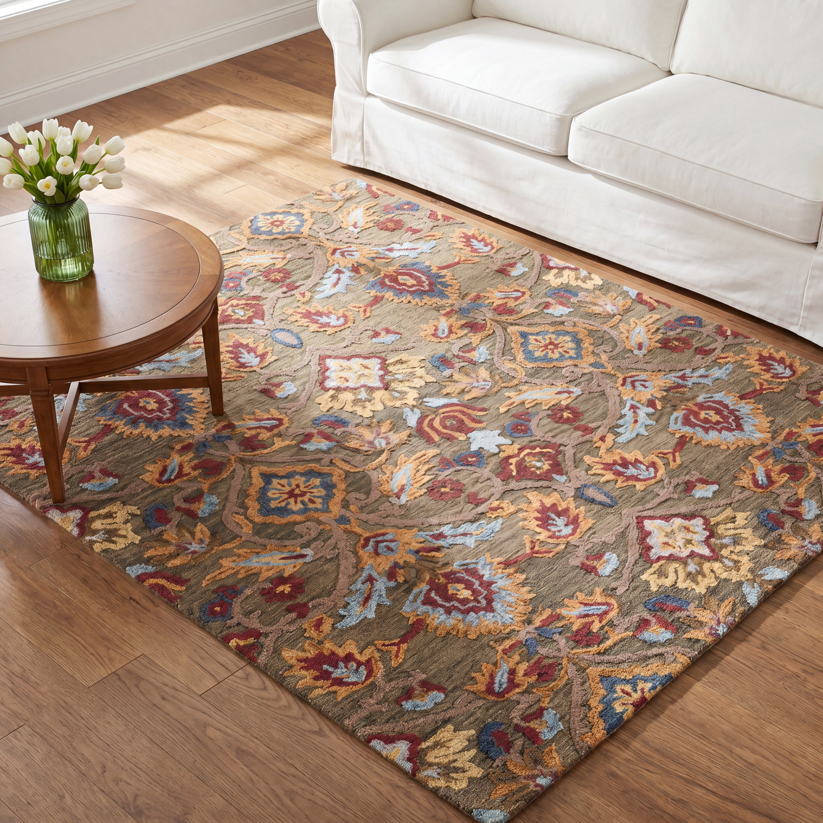 Tansy Green Multi Handmade Wool Floral Rug, Rectangle 9' x 12'