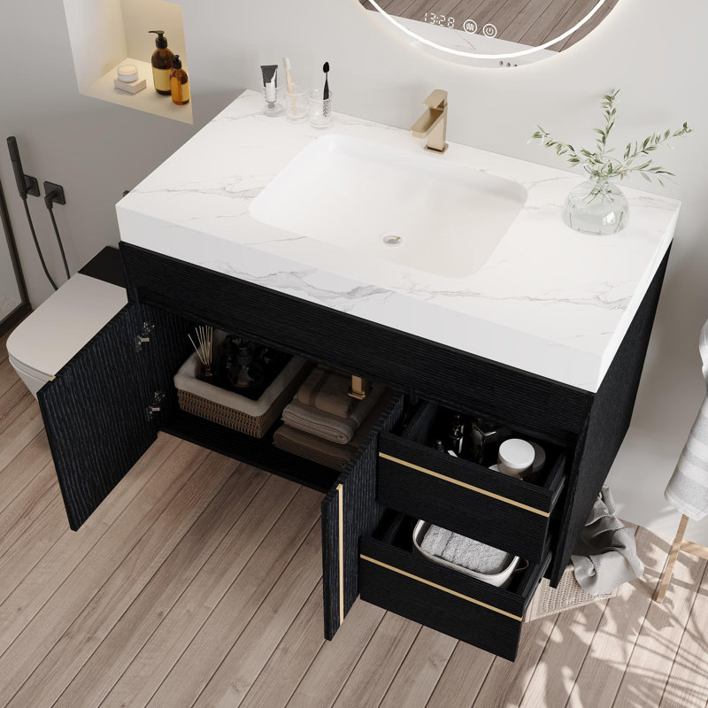 Meuble-lavabo mural 36 po avec lavabo en céramique et comptoir en marbre, Blanc