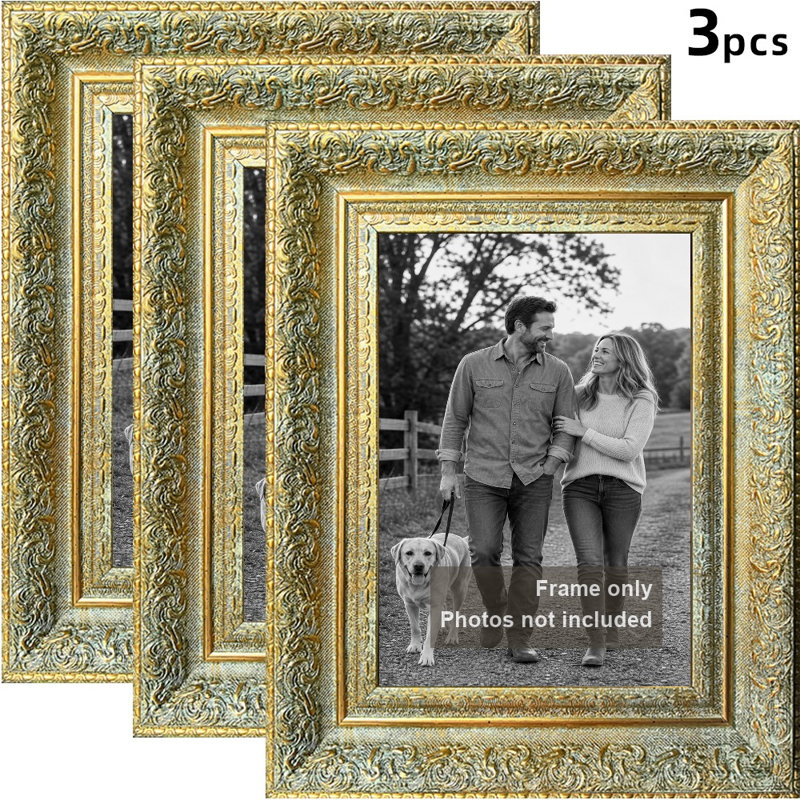 Cadre de photo décoratif antique 3 pièces 5 po x 7 po avec fixation murale ou table, Antique Gold, 3, 5" W x 7" H