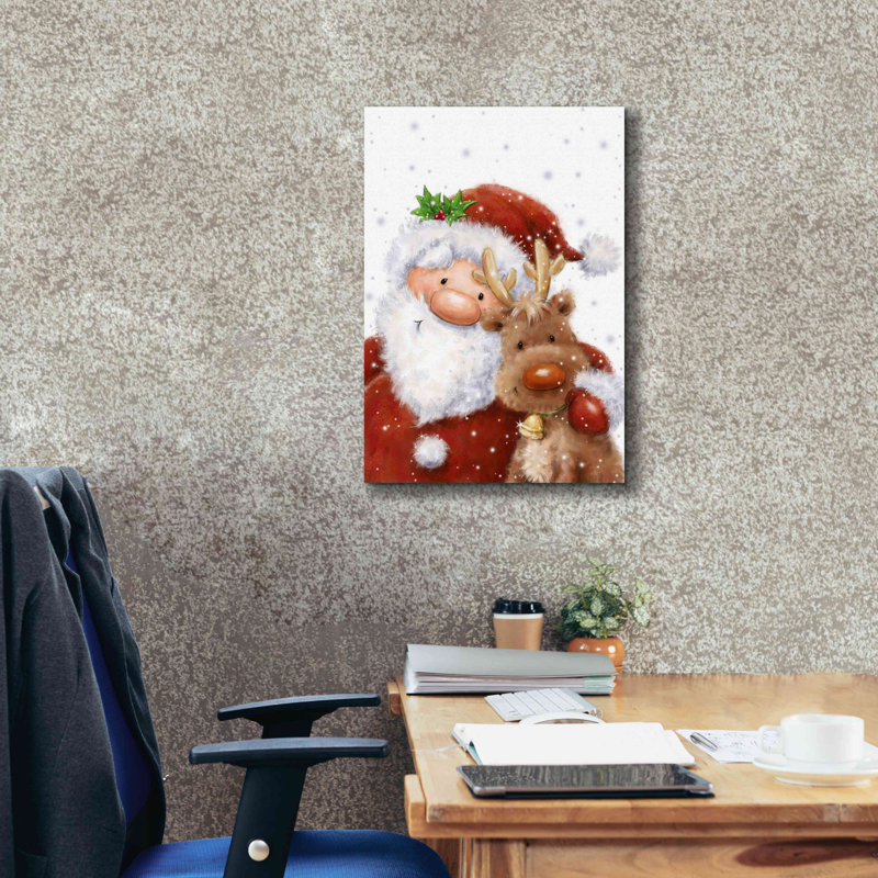 «Santa and Reindeer 4» par Makiko, art mural sur toile, H 26 po x l 18 po x P 0,75 po