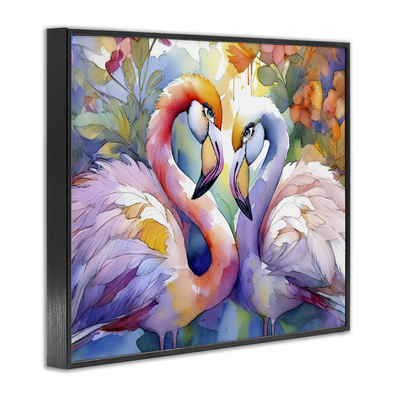 Flamant rose, paire d'amour encadrée, design par Shelly Craig, H 24 po x l 30 po, Giclée noire de minuit encadrée