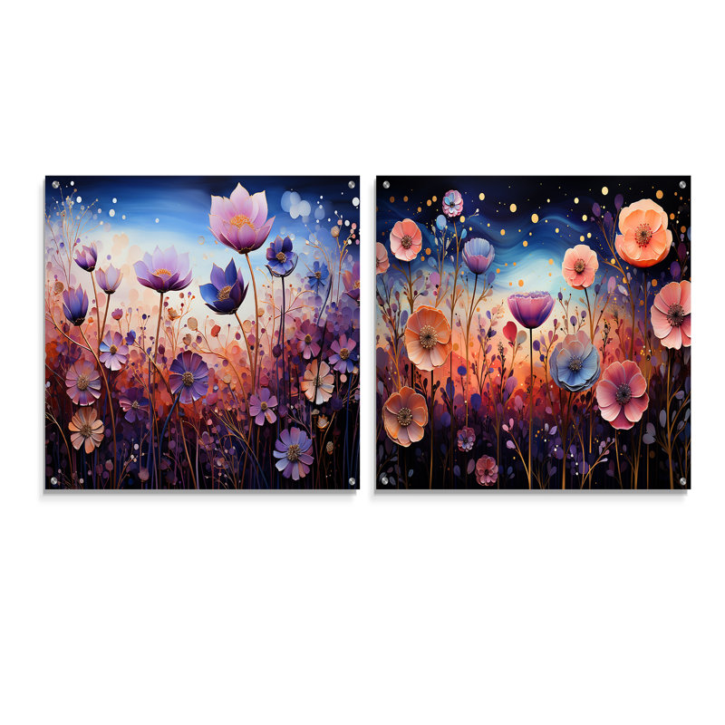 «Blue Enchanted Gardens I» - ensemble de 2 verres muraux abstraits en acrylique, H 16 po x l 33 po