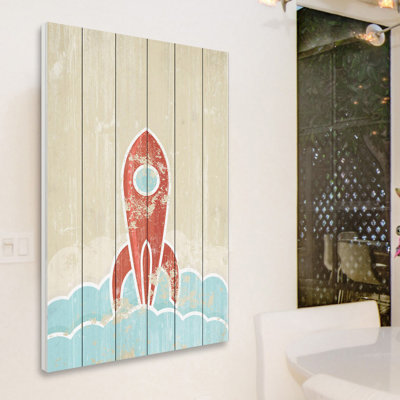 "Blast Off" Print on White Wood