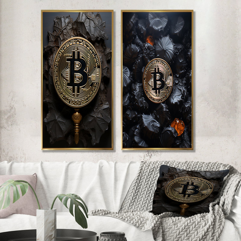 Black Bitcoin - ensemble de 2 reproductions d'art sur toile abstraites, Encadrement doré, H 40 po x l 41 po