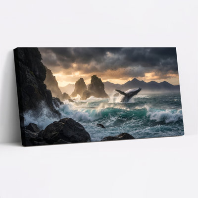 Baleine sautant sur les vagues de l'océan, paysage de montagne, art mural sur toile tendue, ensemble de 1