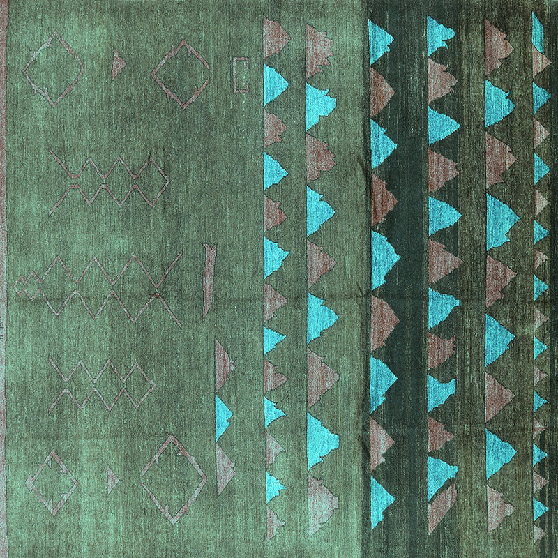 Tapis turquoise / bleu en laine tissé à la machine Dequinn, Carré 3 pi