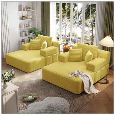 Ensemble 2 pièces surdimensionné de méridienne double, luxueux canapé-lit en velours côtelé moelleux avec 6 coussins et pochette de rangement pour les petits espaces, le cinéma maison et le salon