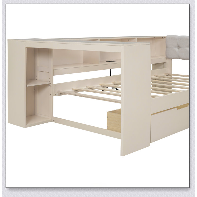 Wood Platform Bed With Storage Shelves, Drawers, Charging Station And Upholstered Headboard, Twin, Cream