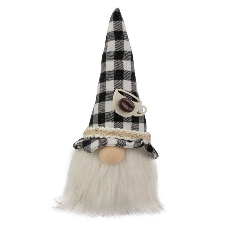 8.25" Gingham Pattern Coffee Gnome, Brown/Gray