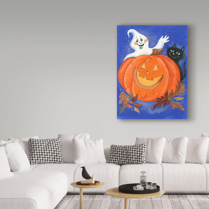 « citrouille, fantôme et chat », art sur toile, H 32 po x l 24 po x P 2 po