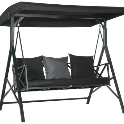 3 balançoires de cour avec auvent réglable et coussin de siège confortable, rembourrage noir pour trois adultes,