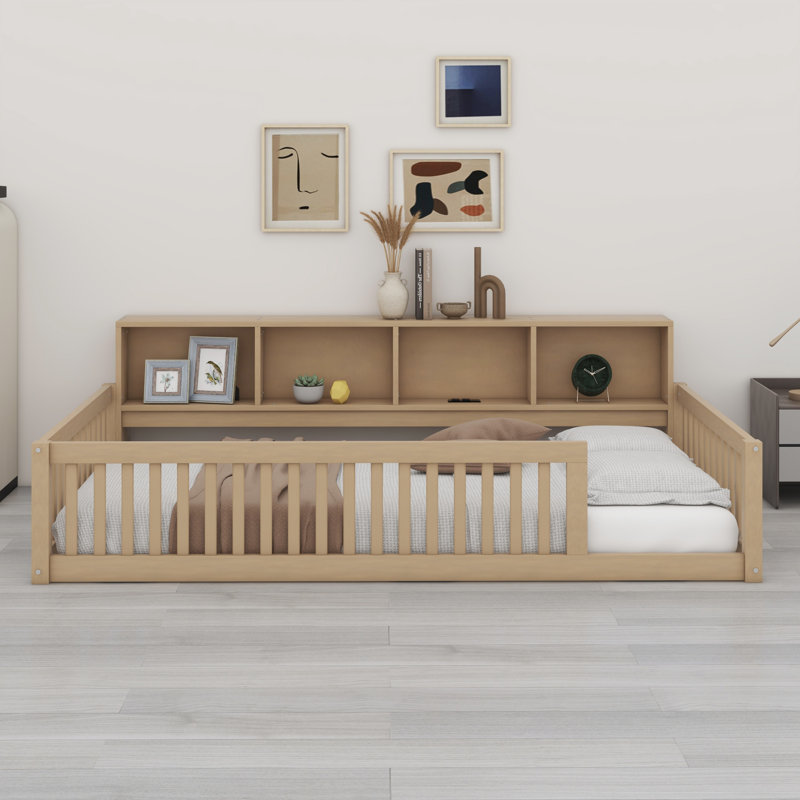 Lit au sol avec armoires de rangement et ports USB, Brun