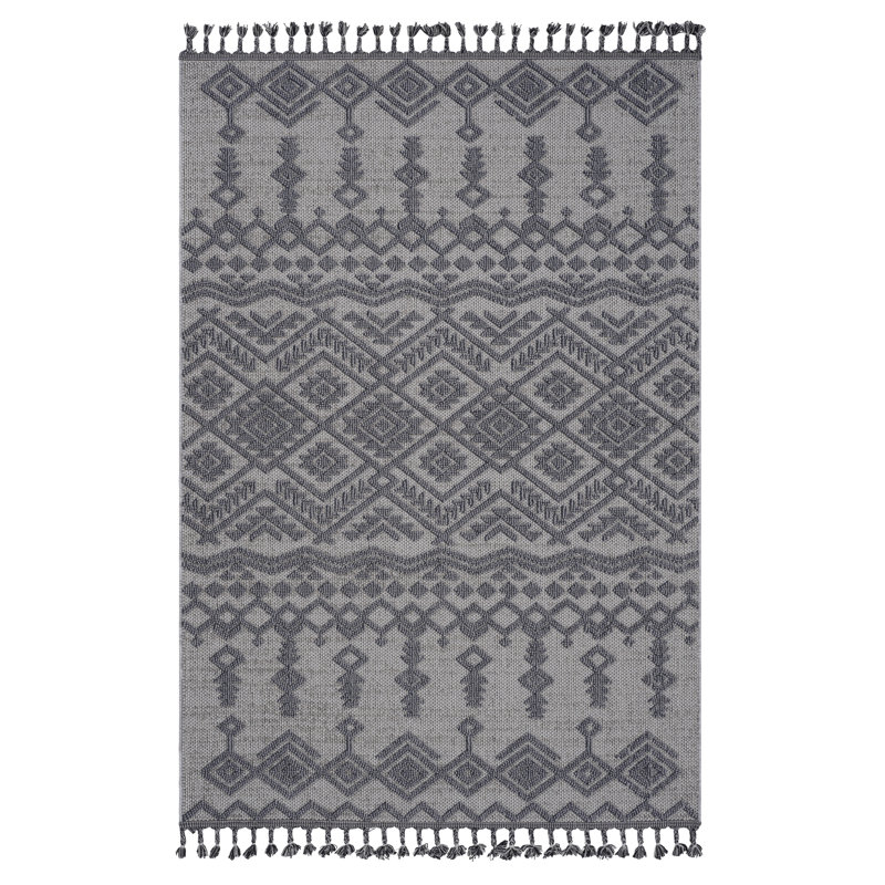 Traditional Indoor / Outdoor Area Rug, White / Gray, Rectangle 7'9" x 10'