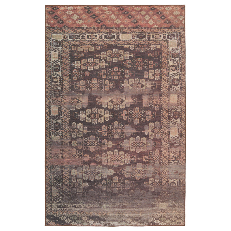 Tapis tissé à la machine en polyester tissé à la machine à motif sud-ouest brun / terre cuite, Rectangle 7 pi 6 po x 10 pi