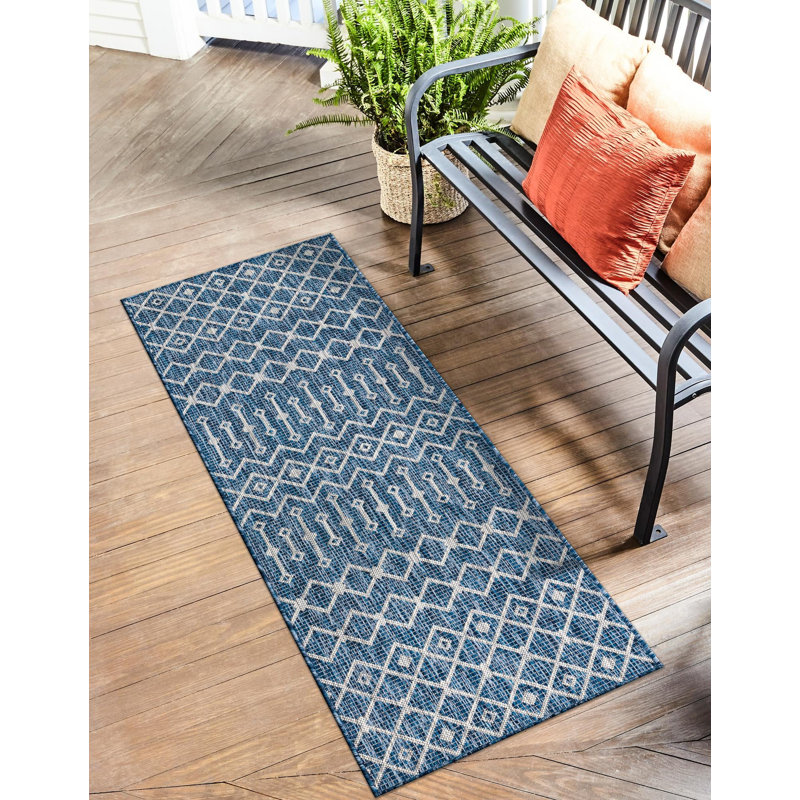 Tapis bleu sarcelle intérieur / extérieur à motif tissé à la main Southbrook Innnsbrook, Tapis de couloir 2 pi x 10 pi