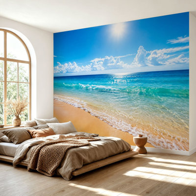 Papier peint adhésif auto-adhésif Golden Sandy Beach Turquoise Ocean Waves Bright Sunshine