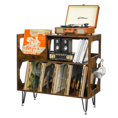 Large Rustic Record Player Stand, 2 Tier Record Player Table With Vinyl Record Storage, Vinyl Record Storage Cabinet With Metal Legs, Turntable Stand For Living Room, Bedroom, Holds 370 Albums