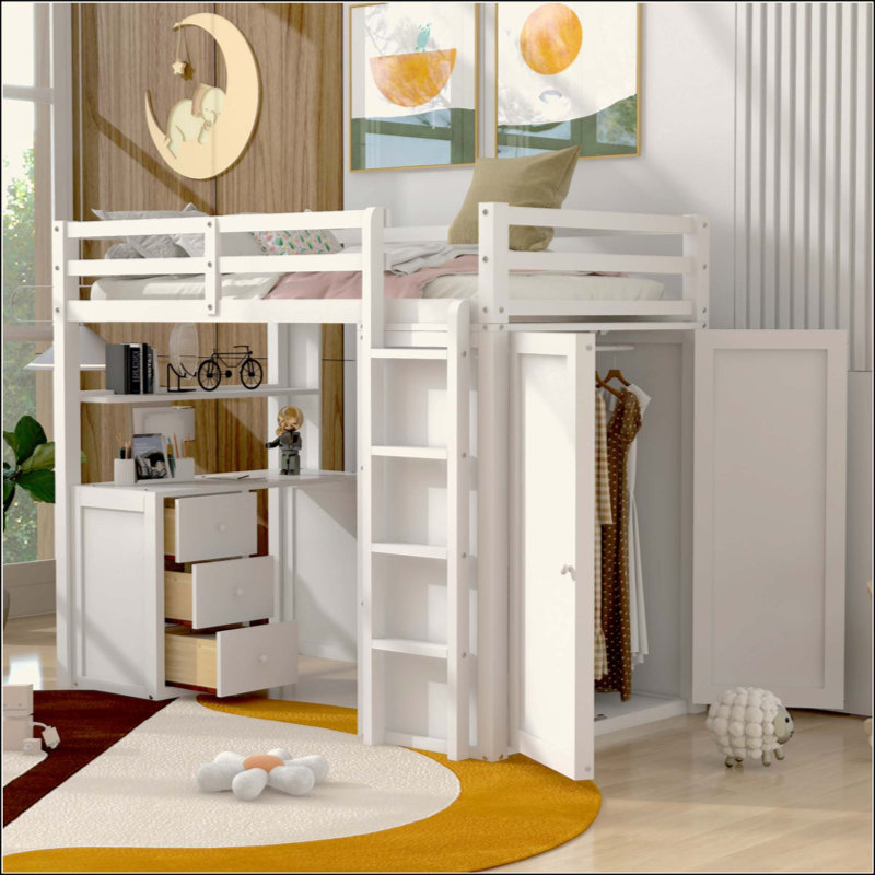 Lit mezzanine avec tiroirs, bureau et garde-robe, White