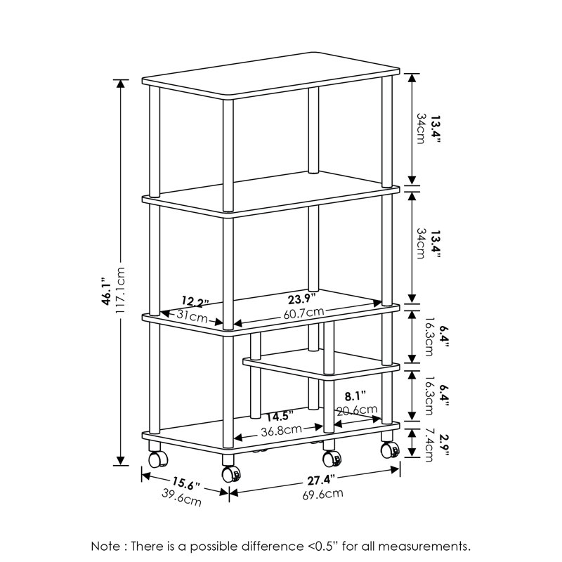 Oliveria 4-Tier Toolless Multipurpose Etagere Bookcase with Wheels, Amber Pine/Black
