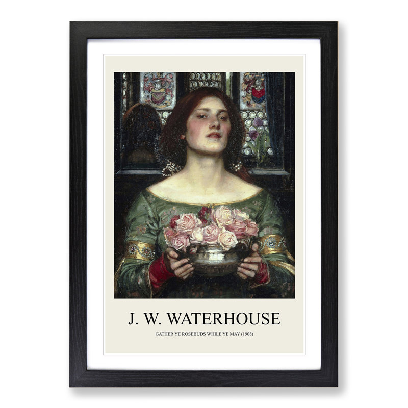 Girl With Flowers by John William Waterhouse - Single Picture Frame Print, 48cm H x 36cm W x 2cm D, Black Framed