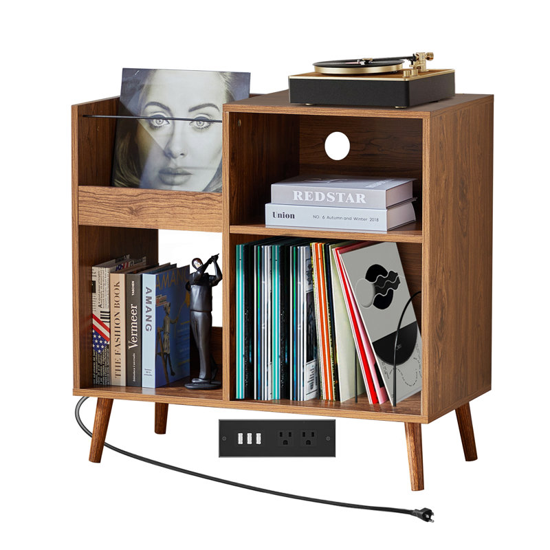 Support audio, support pour tourne-disque avec station de charge et ports USB, Noyer