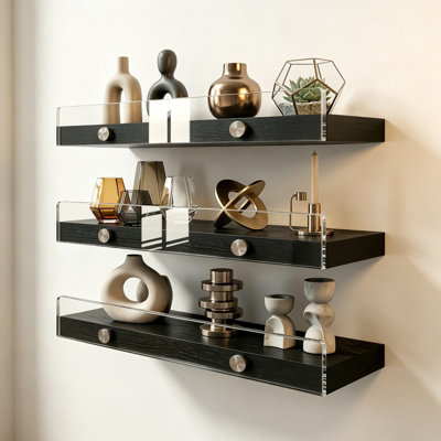 3 Pack Wooden Floating Shelves for Wall with Acrylic Front Lip, 15.7 Inch Wall Mounted Rustic Style Shelves for Bathroom, Bedroom, Living Room, Kitchen, Black