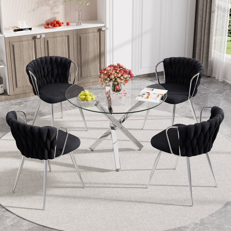 Ensemble repas rond, 5 pièces: table, 4 chaises, Noir, Argent argent