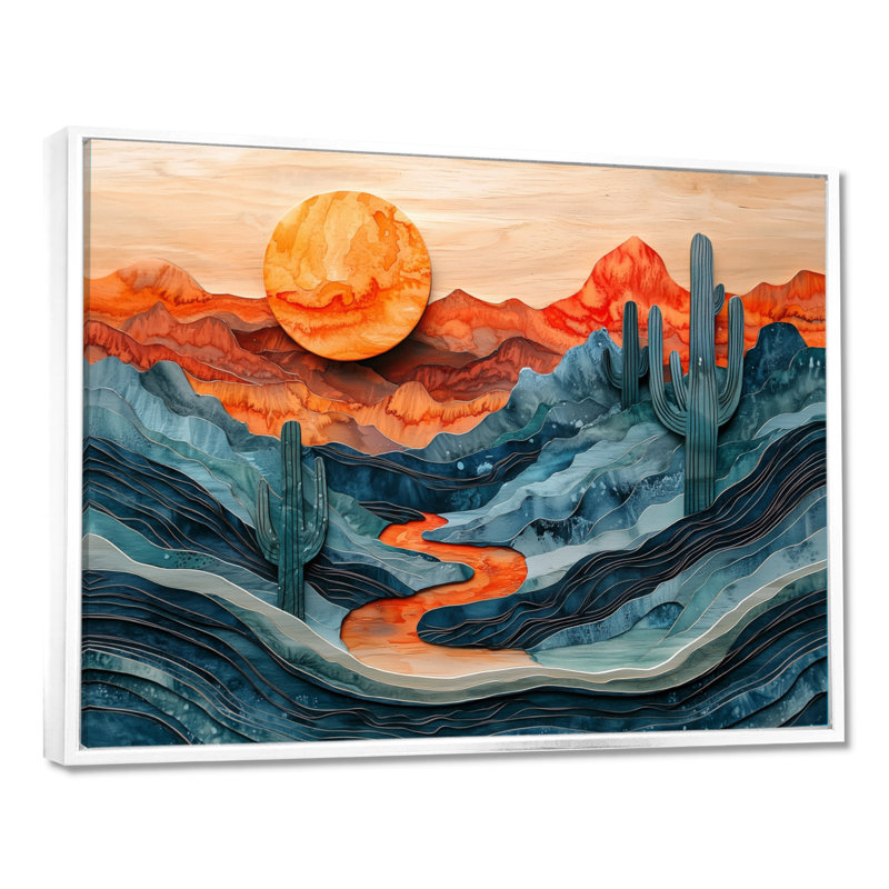 Giovana cactus désert sur un plateau en bois diapositive IV - désert, art mural, H 16 po x l 32 po, Cadre flottant, Blanc