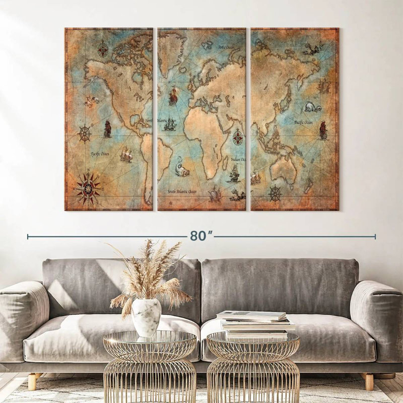 Carte du monde rétro sur 3 pièces, H 42 po x l 65 po x P 1,25 po