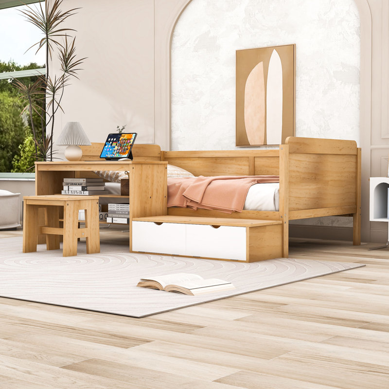 Lit de jour simple en bois avec bureau, tabouret, tablettes et lattes, Naturel