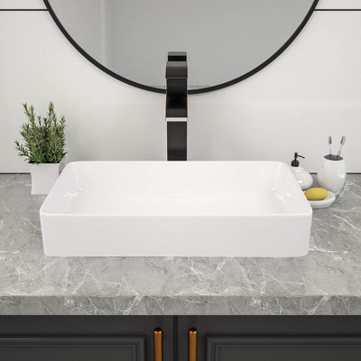Modern Rectangular Vessel Sink For Bathroom Vanity - Premium White Porcelain Ceramic Above Counter Basin With Sleek Design